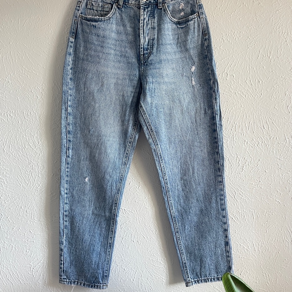 Stradivarius Mom Jeans Blue Denim Distressed Button Fly Women Size US 06
